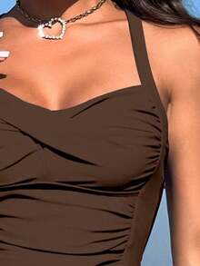 Lushoire Set de 2 piezas de ropa de playa para mujer: Top fruncido con cruce delantero liso y shorts de tankini de cintura alta, para vacaciones de verano - Café integral - Ver 4