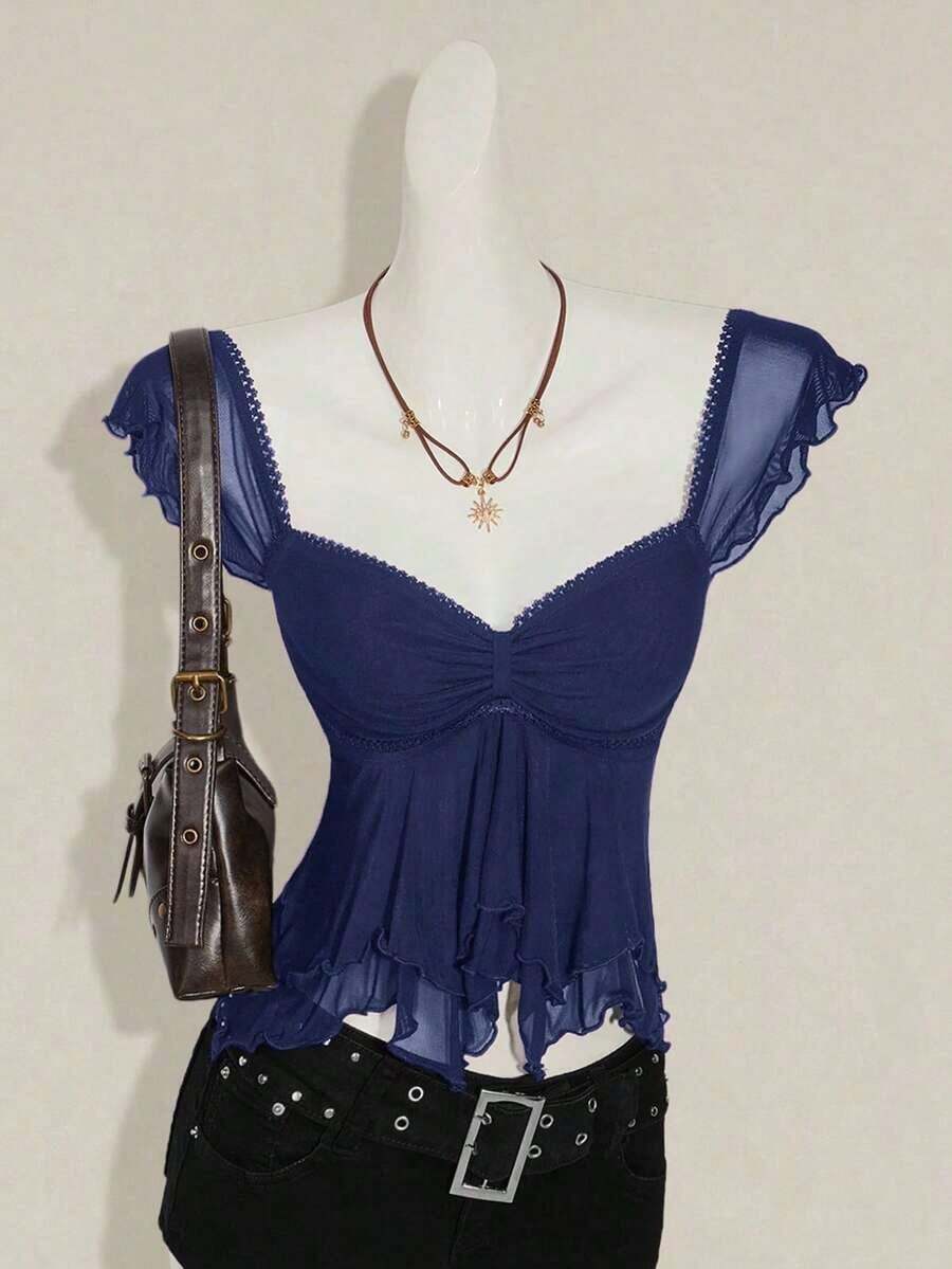 Top sin mangas con volantes, escote con pliegues, ajuste ceñido, parches de malla sexy, espalda con lazo, top casual de vacaciones - Azul marino - Ver 1