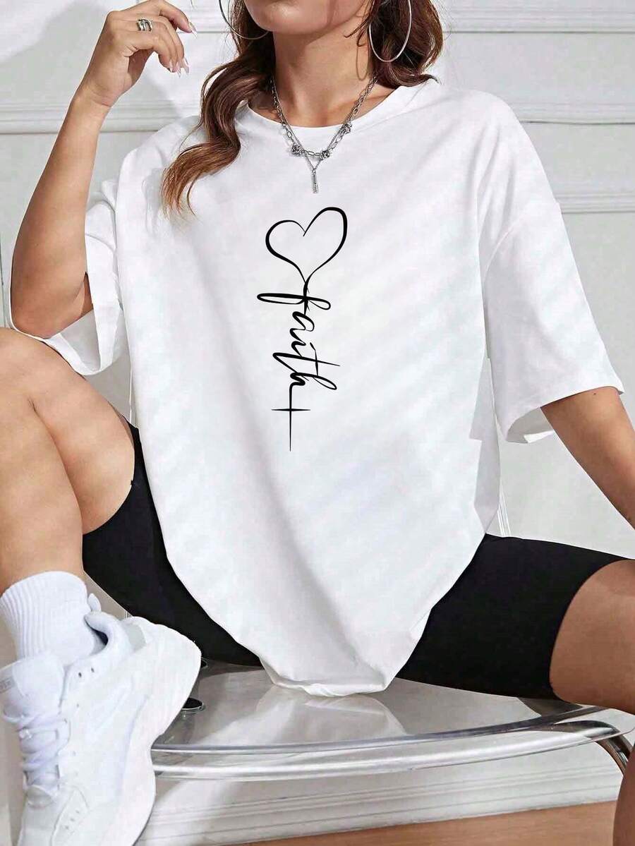 Camiseta de manga corta y cuello redondo para mujer con estampado de globos en forma de corazón. - Blanco - Ver 1