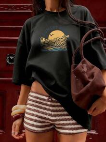 Short-Sleeve T-Shirt With Wave And Seagull Print, Fashionable Short-Sleeve T-Shirt For Spring And Summer 2026, Made In Mexico, 180 Grams. Cartoon Print, Couple Design, Suitable For Indoor Or Outdoor Wear. Crew Neck, Unisex, Ideal For Office And Leisure. One-Piece Pack. - BK-P631577SLNDXZGY421 - 查看 2