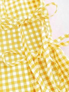 Camisa sin mangas con cuello redondo de estilo universitario retro y a cuadros, con diseño sexy para mujer.Nueva blusa de verano con cordones, ajuste ceñido y delicado estilo femenino y dulce - Amarillo - Ver 3