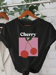 Cherry Print Short-Sleeved T-Shirt, Women's Casual Wear, Ideal For Vacation, Short-Sleeved Round Neck, Spring/Summer, Machine Washable, New Women's Clothing, Versatile For Going Out, Sporty Style. - 黑色 - 查看 7