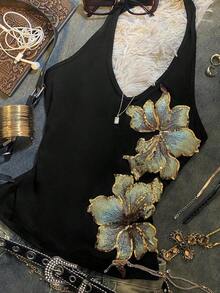 Top halter elegante y retro con bordados y lentejuelas para mujeres, perfecto para el verano.Estilo Y2K, diseño resistente, adecuado para uso diario, festivales de música, fiestas y vacaciones en la playa. - Multicolor 3 - Ver 3