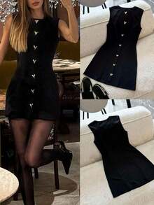 Vestido mini elegante sin mangas con hebilla de corazón de metal, adecuado para fiestas, ir al trabajo, citas y el Día de San Valentín en verano - Negro - Ver 2