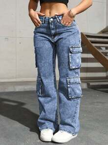 Jeans de mezclilla con bolsillo con solapa y cargo lateral, de estilo sencillo y elegante para uso diario y casual en primavera, color negro - Azul lavado medio - Ver 8