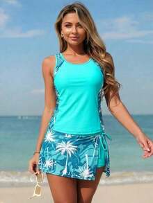 Swim Lushoire Conjunto de traje de baño con estampado que disimula y es favorecedora para mujeres de vacaciones en la playa - Agua verde azul - Ver 9