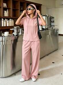 Women's 2-Piece Set: Sporty Color-Block Zip-Up Jacket And Loose-Fit Wide-Leg Pants - Pink - View 4