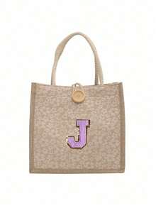 1pc Embroidered Letter Pattern Handbag, Floral Print Linen Tote Bag, Ditsy Floral Linen Decorative Button Handbag, Minimalist Large Capacity Handbag, Portable Casual Storage Tote Bag, Multifunctional Shopping Bag - Multicolor - View 12