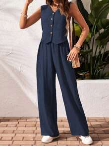 Frenchy Set de 2 piezas para mujer con top sin mangas de cuello en V de un solo abotonado de unicolor y pantalones rectos sueltos y cómodos de estilo minimalista / Set de 2 piezas para mujer con top sin mangas con volantes y pantalones anchos de color azul marino, adecuado para uso diario casual en primavera/otoño - Azul marino - Ver 5