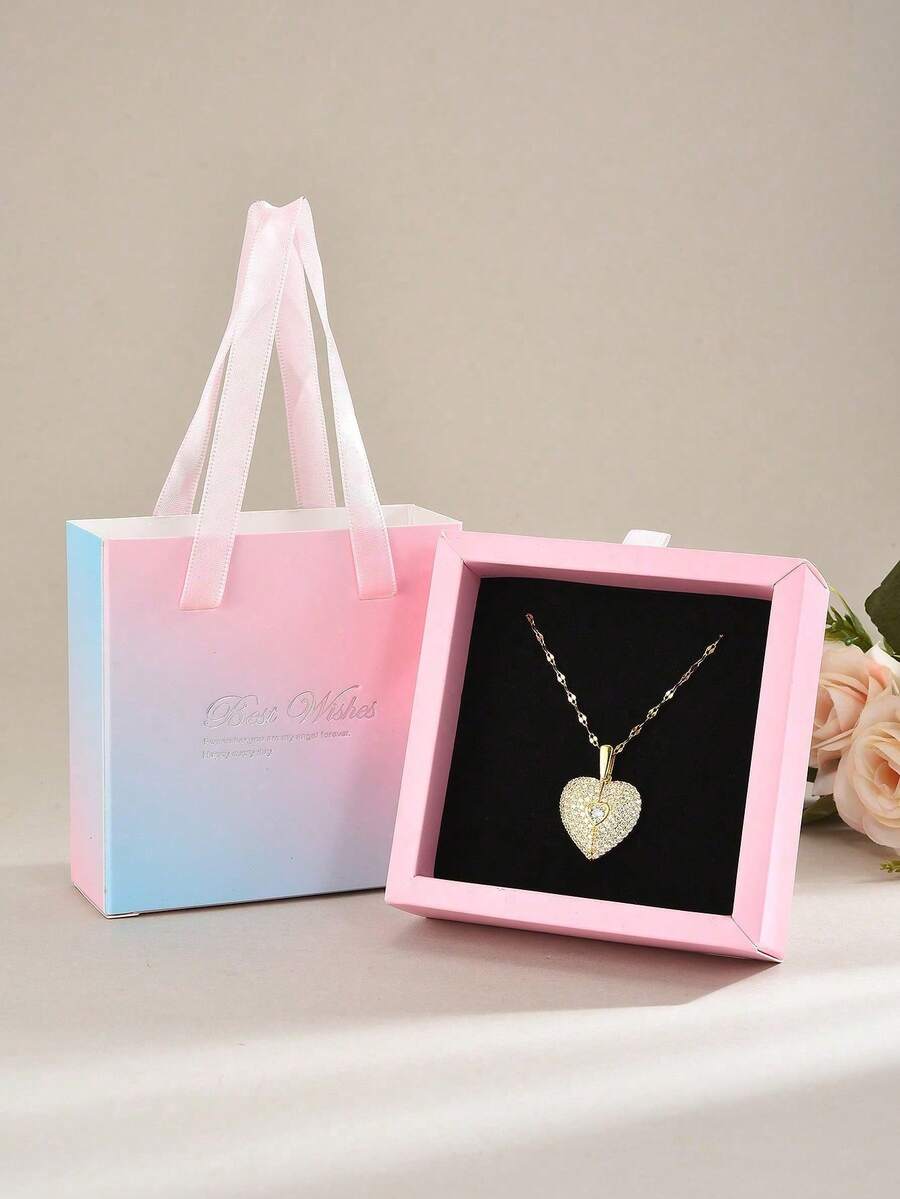 1 Stück luxuriöser, eleganter, funkelnder Anhänger-Halskette aus 18 Karat vergoldetem Edelstahl mit offenem Herz und kubischen Zirkoniasteinen, Schmuckgeschenkbox, geeignet für den täglichen Gebrauch von Frauen, Partys, Feste, Geschenk für Freunde, Mütter - goldgelb - Übersicht 1