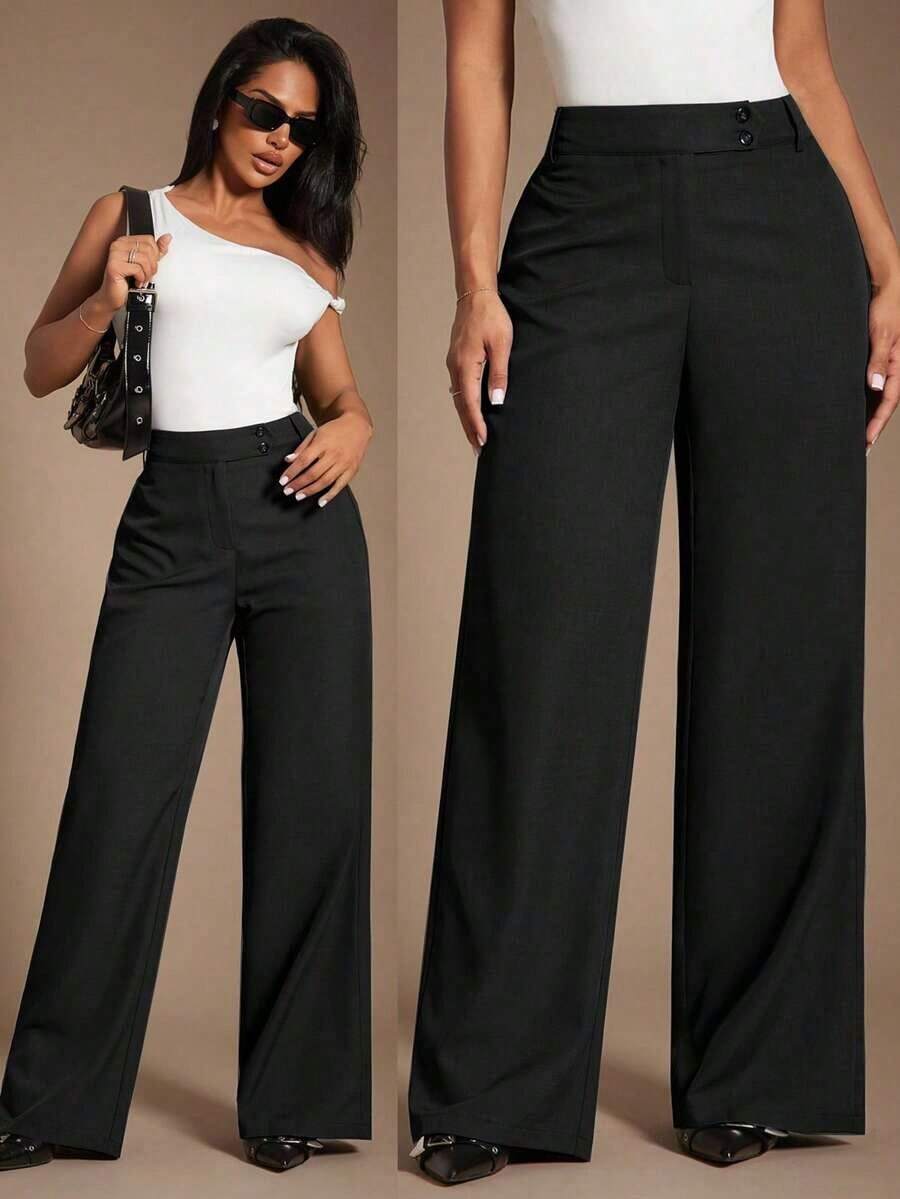 Pantalones rectos de tiro alto de color marrón de estilo minimalista y elegante para mujer, pantalones de traje marrones, pantalones de tiro alto, pantalones casuales sueltos, pantalones de pierna ancha, ropa de mujer de negocios casual, ropa de e - Negro - Ver 1