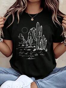 Camiseta con Estampado de Cactus del Desierto para Mujer, Estilo Boho, Unisex, Blanca, para Aventuras al Aire Libre y Vacaciones, 220g - Negro - Ver 7