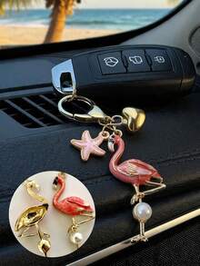 Pearl Flamingo Pendant With Heart-Shaped And Starfish Elements, Bohemian Vacation Style. Ocean Alloy Pendant, Hawaiian Tropical Style Pendant. Suitable For Backpacks, Wallet Decorations, Headphone Bag Accessories, Car Pendants, Fashionable And Minimalist Accessories, And Drip Jewelry. - one-size - View 6