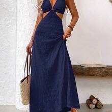 Holidaya Women Fashionable Back Hollow Out Strap Texture Dress Maxi Vacation Beach Outfit Vacation Dress Women Maxi Dresses Beach Dresses For Women Women Dresses Vacation Women Maxi Dresses - Multicolor - Ver 4