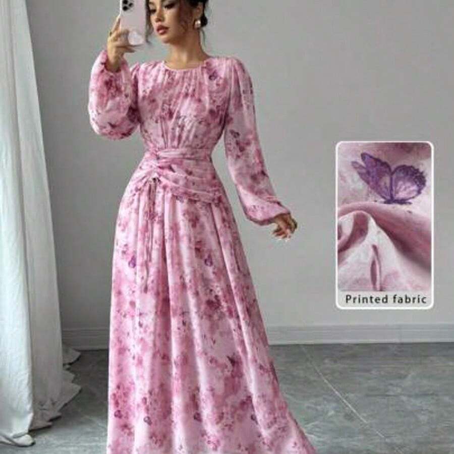 Women's Summer Chiffon Butterfly Print Ruched Round Neck Long Sleeve Dress Modest Dress Floral Dress Maxi Dress Printed Dress Yellow Floral Dress For Women Yelloe Dress Zanzea Dress For Women Ycv9w Discount Code For Woman Dress - Rosa - Ver 1