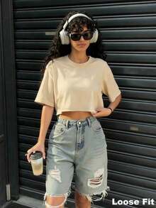 Blusa de mujer de cuello redondo, manga corta, holgada y casual, de estilo minimalista, elegante y sexy Y2K, adecuada para uso diario, oficina, hogar, exterior, primavera/verano - Albaricoque - Ver 4