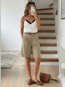 Camiseta de verano para mujer con estampado de leopardo marrón, de estilo minimalista, retro y elegante, versátil para uso diario o vacaciones.Camiseta de mujer con escote en V y encaje de contraste a la moda - Blanco y Negro - Ver 3