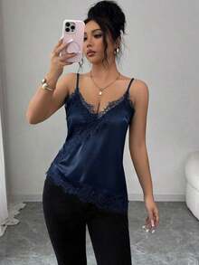 Camiseta de mujer de estilo francés elegante con contraste de color y encaje, con bajo asimétrico - Azul marino - Ver 3