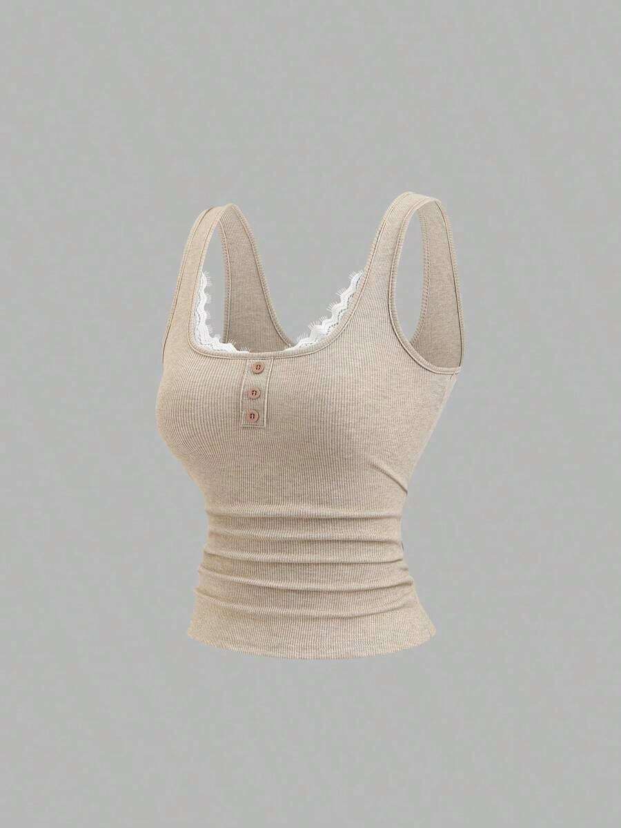 Camiseta de tirantes casual de mujer con parches de encaje - Caqui - Ver 1