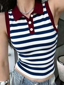 Camiseta de tirantes casual de mujer con estampado de rayas y bordado para el verano - Multicolor 10 - Ver 4