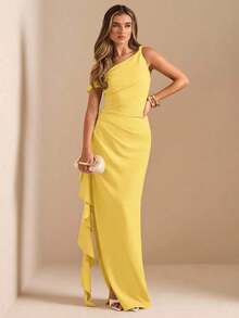 de dama de honor de otoño/invierno, vestido largo elegante con pliegues, abertura alta, volantes y hombros oblicuos con nudo retorcido y sin tirantes, sexy para fiestas - Amarillo - Ver 6