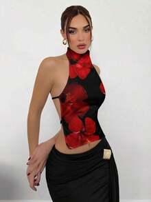 Top de satén sin espalda con cuello alto para mujer, ideal para fiestas - Multicolor - Ver 5