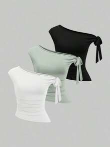 Conjunto de 3 piezas para mujer con camiseta de unicolor, tirantes y drapeado - Multicolor 14 - Ver 1