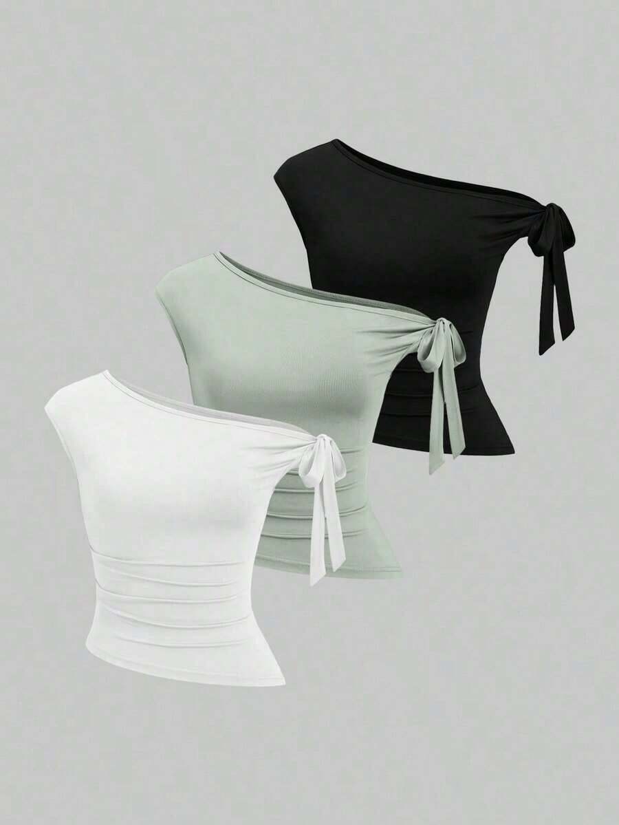 Conjunto de 3 piezas para mujer con camiseta de unicolor, tirantes y drapeado - Multicolor 14 - Ver 1