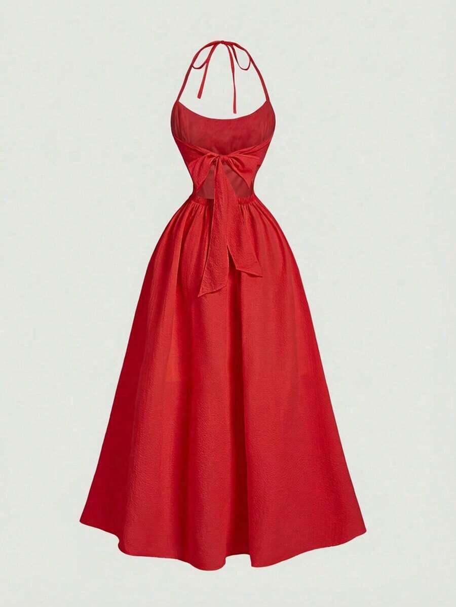 Vestido de mujer con estampado floral y cuello halter con lazo, de moda para citas y fiestas - Rojo - Ver 1
