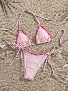 Bikini de mujer de unicolor con escote halter y lazos, estilo sexy, minimalista y elegante para playa, vacaciones, viajes y fiestas, nueva colección primavera/verano - Capullos de color rosa claro y rojo rosado. - Ver 2