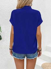 Blusa de manga corta de murciélago de unicolor para mujer, blusas de manga corta - azul real - Ver 2