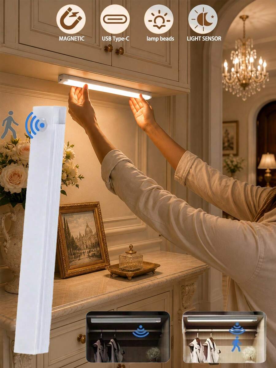 Luz de gabinete con sensor magnético con carga USB, lámpara con sensor inteligente, iluminación LED desmontable para interiores para oficina, dormitorio, armario - Luz con sensor de movimiento - Ver 1