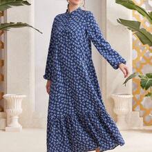 Najma Women Spring Casual Vacation Lantern Sleeves Loose Dress With Floral Print, Ruffle Hem And Small Flower Print, Modest - Rosa vieja - Ver 4