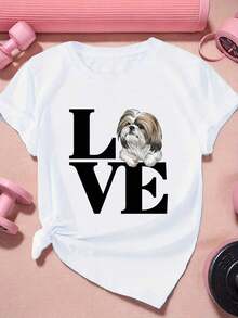 Camiseta Deportiva de Manga Corta para Mujer con Diseño de Perro Shih Tzu LOVE para Verano - Blanco - Ver 1