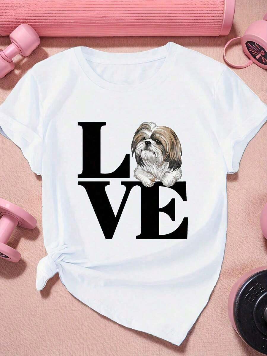 Camiseta Deportiva de Manga Corta para Mujer con Diseño de Perro Shih Tzu LOVE para Verano - Blanco - Ver 1