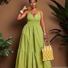 Vestido versátil de vacaciones románticas de moda refrescante y cómoda con tirantes finos de talla grande - Verde - Ver 2