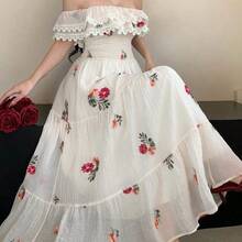 Nicho de diseño francés Vestido floral de gama alta con estampado floral de manga corta y cintura ceñida Vestido largo Vestido de verano Vestido de cóctel con hombros descubiertos - Albaricoque - Ver 2