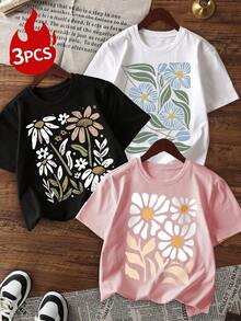 Set Of 1 Women's Round Neck Short Sleeve T-Shirts With Minimalist Daisy Print, Versatile Fashion, Suitable For Daily Wear, Holidays And Casual Spring And Summer Leisure - 黑色 - 查看 1