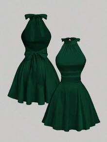 Vestido mini con espalda descubierta, lazo y estampado floral abstracto fluido - Verde Oscuro - Ver 1