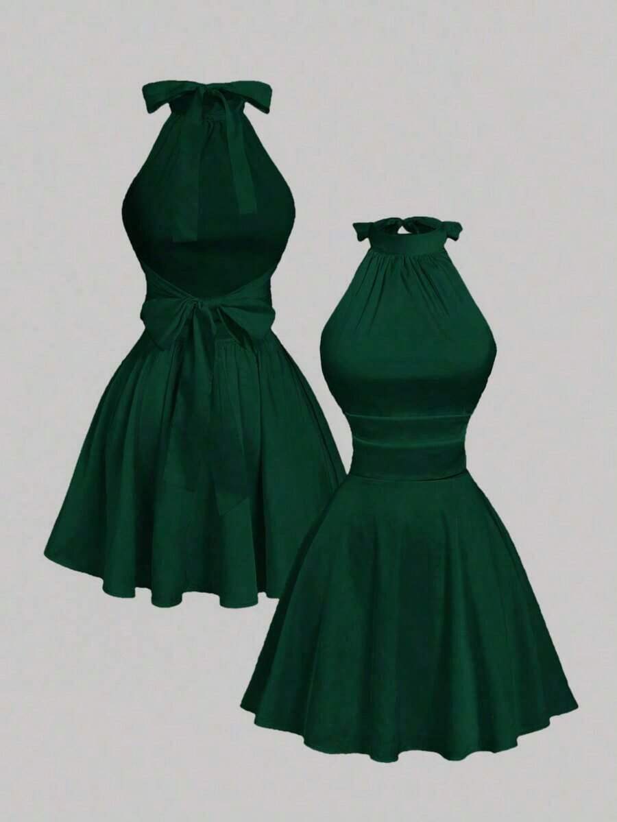 Vestido mini con espalda descubierta, lazo y estampado floral abstracto fluido - Verde Oscuro - Ver 1