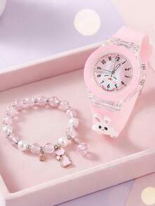 Bộ 2 đồng hồ phát sáng cho bé gái - Đồng hồ thạch anh phát sáng hình thỏ và đồng hồ dây hạt hình mèo (Không hộp), thích hợp cho mùa tựu trường. - Hồng - Xem 4
