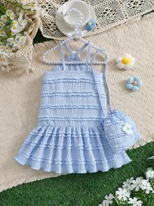 Baby Girls' Layered Ruched Lace Dress With Puff Effect, Paired With Small Bag, Cute And Suitable For Daily Wear And Gatherings, Spring/Summer Gift For Babies - Dusty Blue - View 2