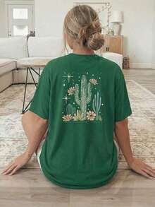 Women's Short-Sleeve Blouses Plus Size Short-Sleeve T-Shirt For Women - Double-Sided Cactus And Starry Sky Print Crew Neck Blouse - Compatible Top | Loose Fit, Casual, Machine Washable, Suitable For All Seasons, Spring And Summer Wardrobe Essential. Gym Y2k Crew Neck 100% Cotton Soft Fabric Short Sleeve Breathable And Cool May Festival Mother's Day Father's Day Unisex 100% Cotton - 綠色的 - 查看 3