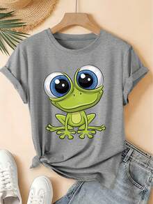 Retro Short-Sleeved T-Shirt With Big-Eyed Frog Print, Cool Forest Style, Loose Fit, Fashionable T-Shirt, Elegant For Spring And Summer Parties, Versatile Women's Clothing, Blouses For Ladies. - 白色 - 查看 9