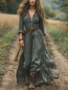 Nuevo vestido largo a rayas para mujer, otoño-invierno estilo europeo y americano - Verde - Ver 2