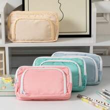 1pc Stationery Bag Cream Color Pencil Case Large Capacity 3 Compartments Storage Pouch For Office School Student , Back To School Gifts - 純色 - 查看 6