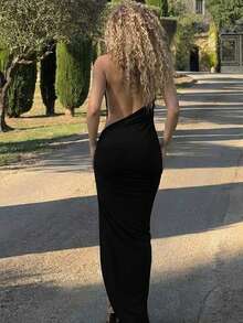 New Arrival Pleated Halter Maxi Dress With Open Back, Bow, And Slit - Black - View 3