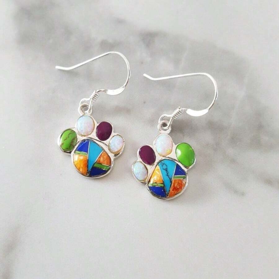1 Đôi bông tai hình móng vuốt mèo bằng đồng thủ công độc đáo, đính đá ngọc lam và ngọc opal tổng hợp, bông tai đa năng thích hợp cho các bữa tiệc. - Bạc - Xem 1