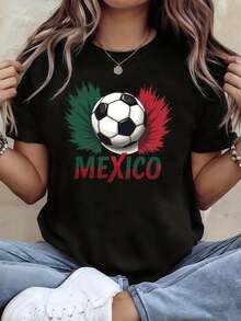 Women's T-Shirt With Mexico Soccer Print, Top For Mexican Matches And Gatherings, Vibrant And Passionate Short-Sleeved Style, Everyday Urban Style T-Shirt - 黑色 - 查看 1