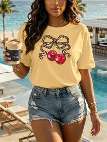 Camiseta oversize blanca para mujer con lazo de leopardo y cerezas, estilo chic y veraniego Camiseta informal de verano para mujer,Playera oversize con estampado animal print y cerezas - YH335-Amarillo - Ver 1